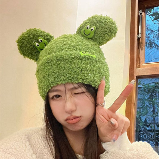 Japanese Cartoon Cute Frog Lambswool Bun Head Hat