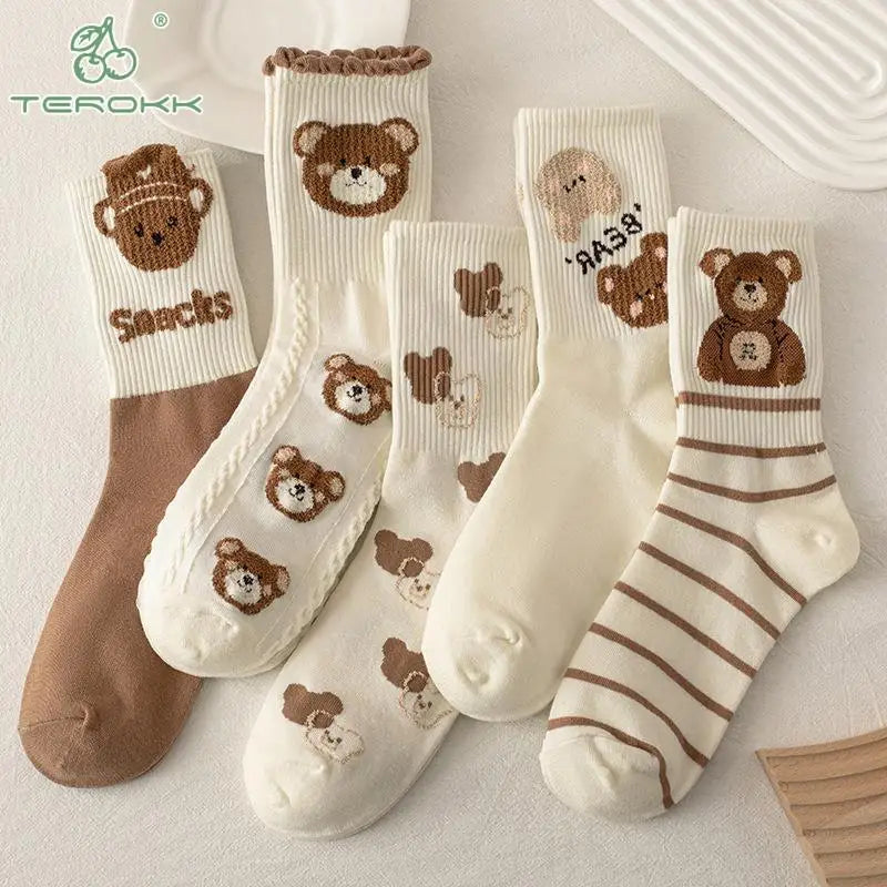 Japan Harajuku Cartoon Brown Bear Theme Cotton Socks