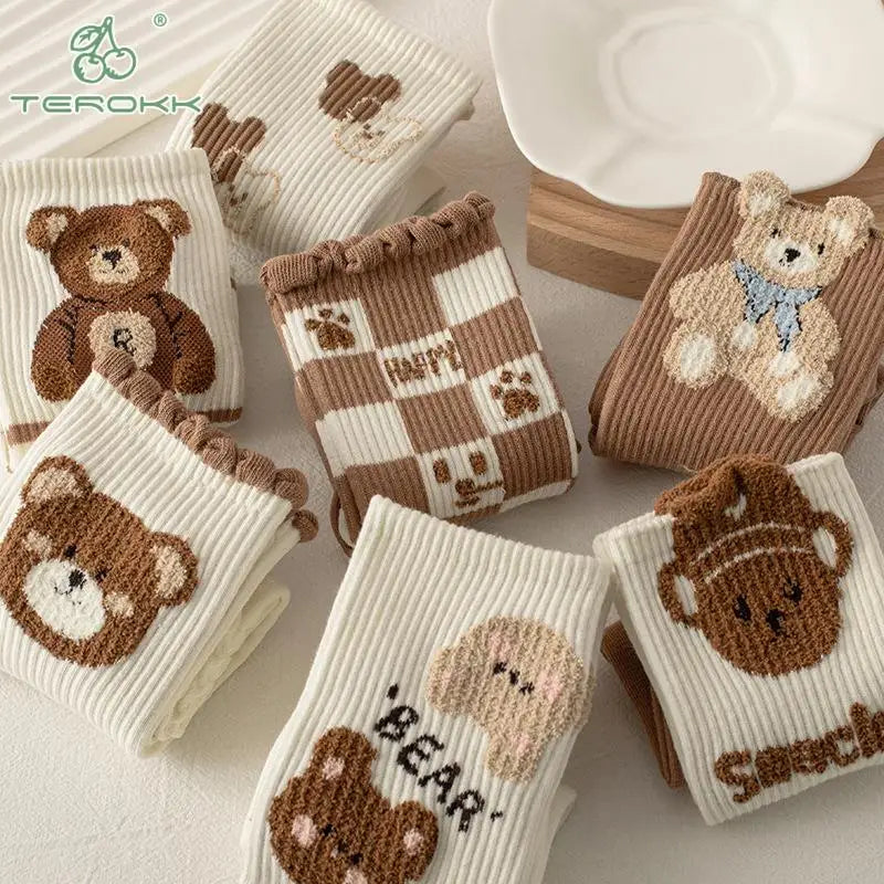 Japan Harajuku Cartoon Brown Bear Theme Cotton Socks