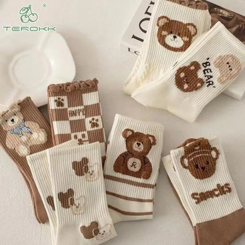 Japan Harajuku Cartoon Brown Bear Theme Cotton Socks