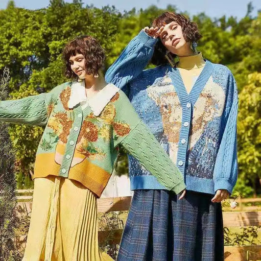 Van Gogh Sunflower Vintage Sleeve Cardigan Knit Sweater