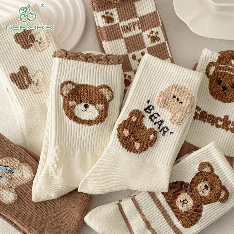 Japan Harajuku Cartoon Brown Bear Theme Cotton Socks