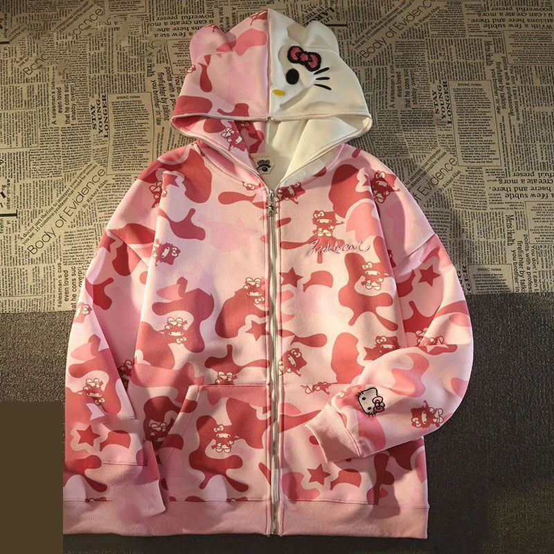 Cute Hello Kitty Camo Y2K Hooded Cardigan