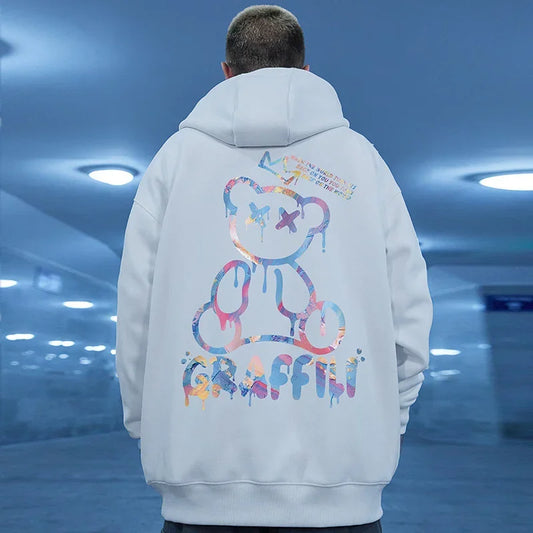 High Street Graffiti Bear Print Men's Fleece Hoodie Retro