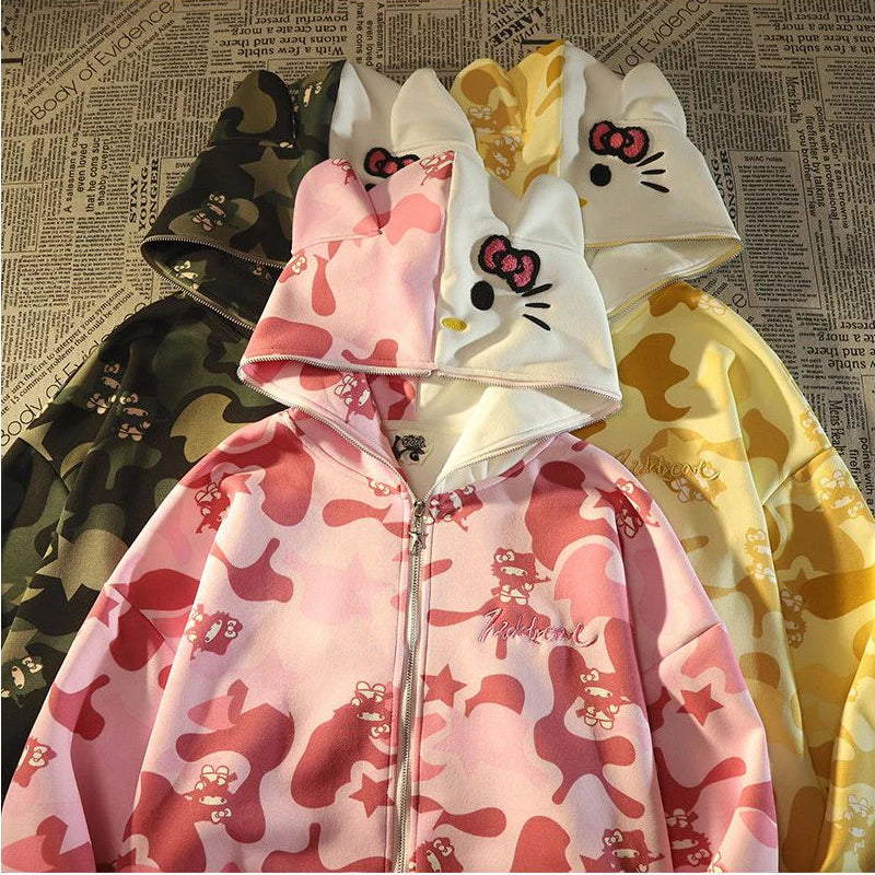 Cute Hello Kitty Camo Y2K Hooded Cardigan