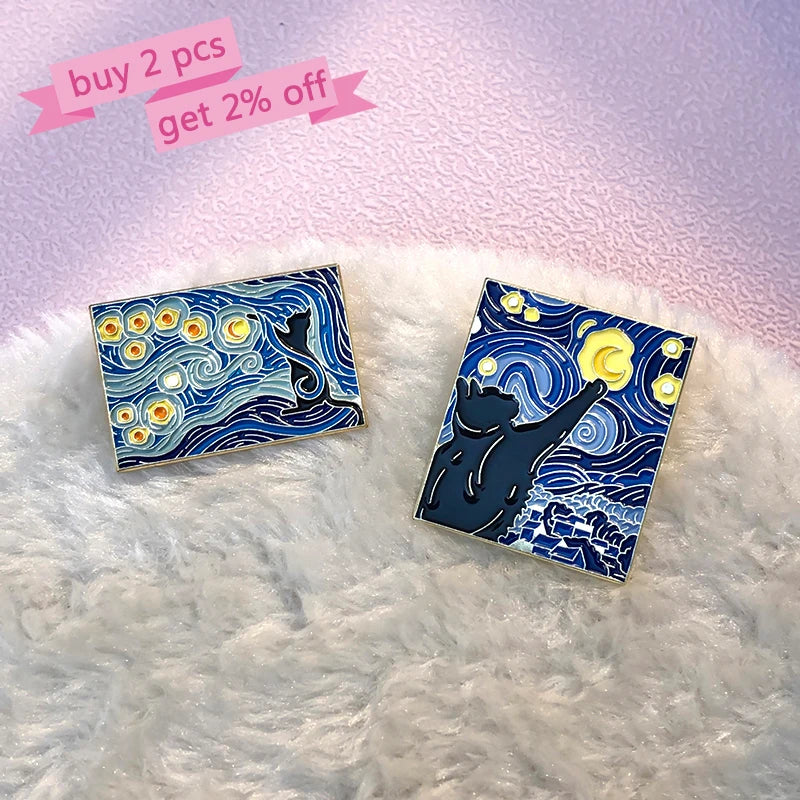 Starry Night Cats Enamel Pins 