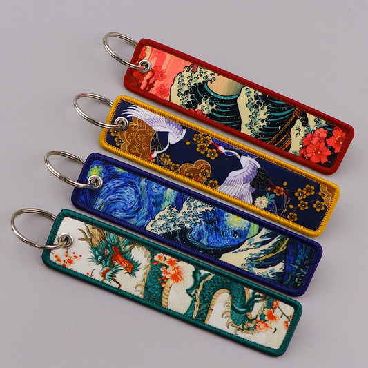 Van Gogh Embroidery Keychains/Japanese Waves Key Tags