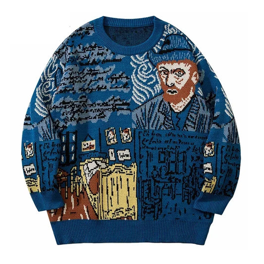 High Street Knitted Sweater Men Van Gogh Print