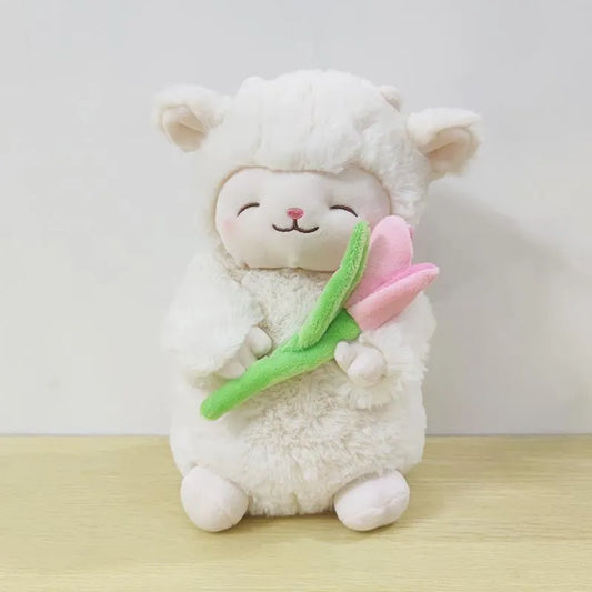 Kawaii Sweet White Sheep Lam Holding Tulip Flower Plush Doll