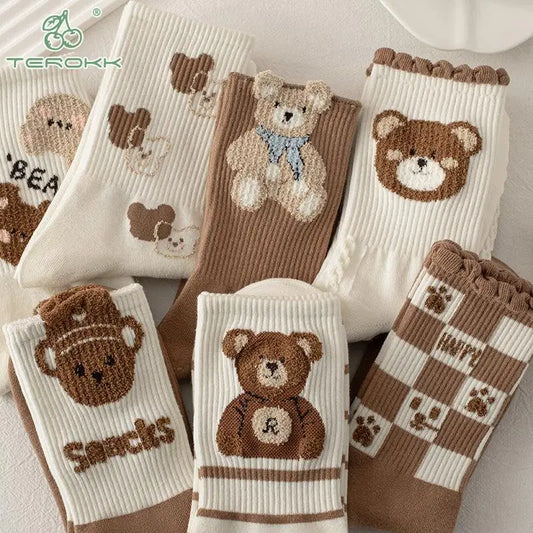 Japan Harajuku Cartoon Brown Bear Theme Cotton Socks