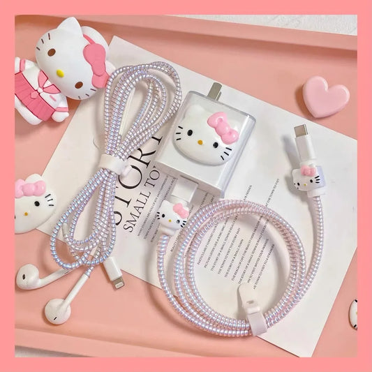 Kawaii Hello Kitty iPhone Data Cable Charger Protection Set