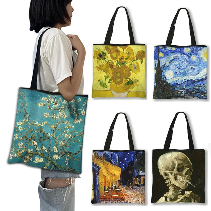 Oil Painting Blossoming Almond Tree / Starry Night Tote Bag Van Gogh