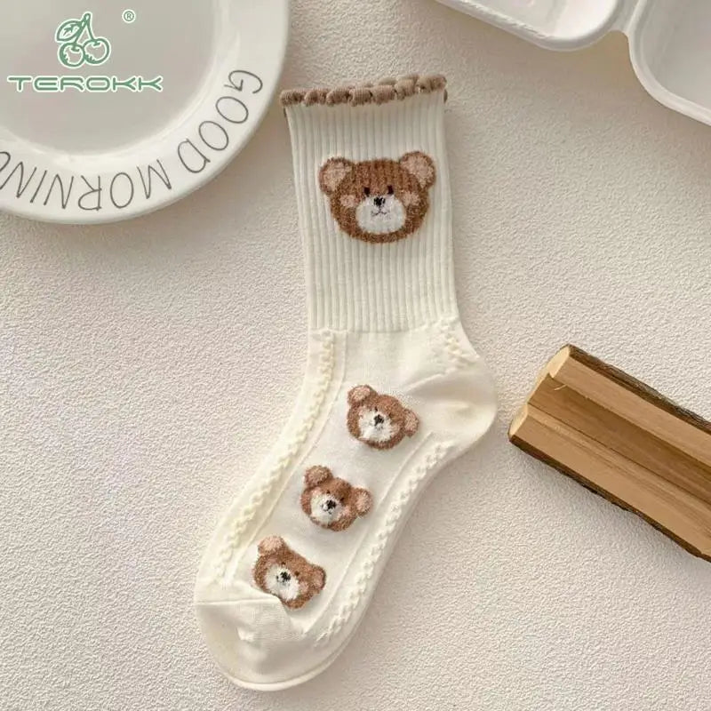 Japan Harajuku Cartoon Brown Bear Theme Cotton Socks