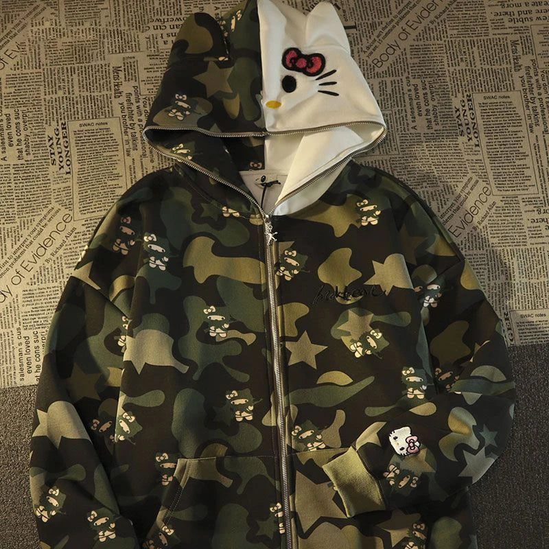 Cute Hello Kitty Camo Y2K Hooded Cardigan