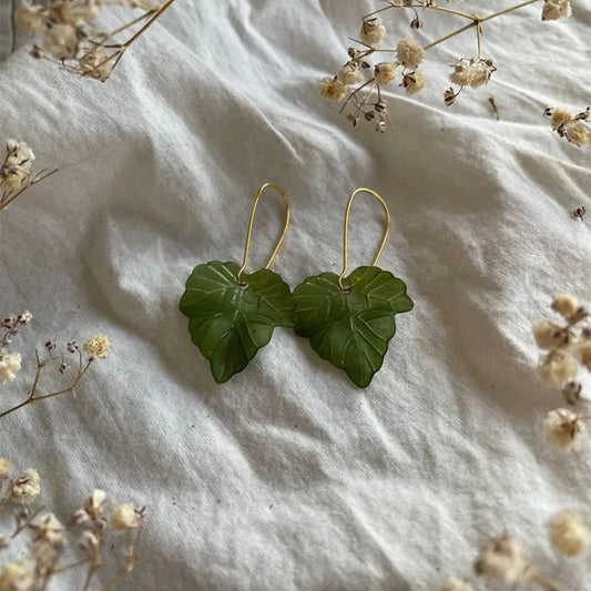 Green Frosted Opaque Acrylic Autumn Forest Leaf Wire Plated Earrings