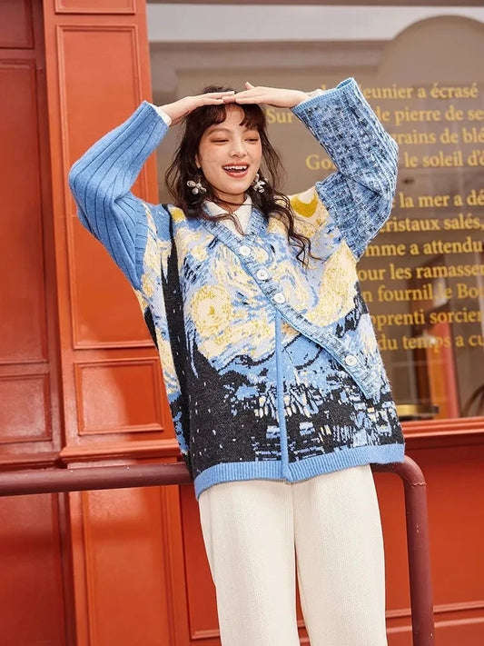 Artistic Masterpiece: Van Gogh Inspired 'Starry Night Flower Sea' Women's Sweater Coat