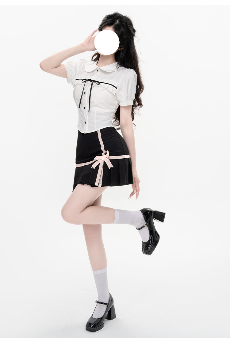 Short Pleated Skirt With Waistband Shirt